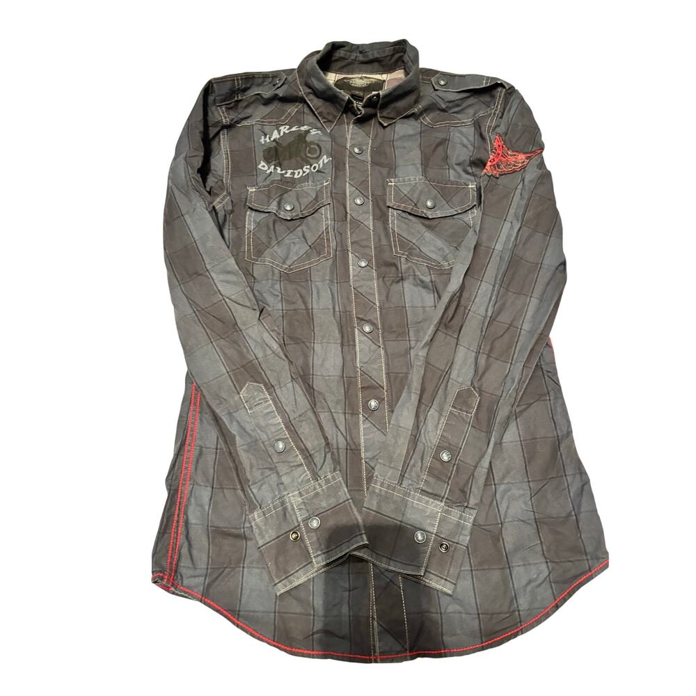 Harley-Davidson Plaid Snap Shirt Men's Small Gray Black Biker Western
